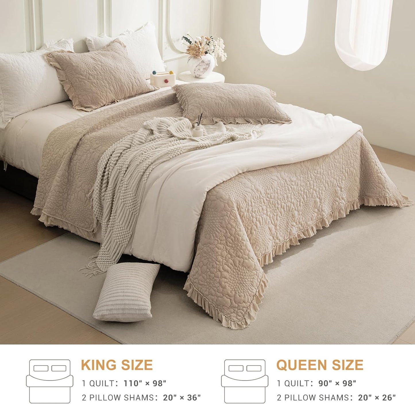 QSH 3PCs Dark Wheat Ruffled Quilt Queen Size (90"x98"),Stonewashed Cotton Quilt Set, Soft Lightweight Crinkled Bedspread Coverlet Queen Shabby Farmhouse Chic Bedspreads Bedding Set with Pillow Shams