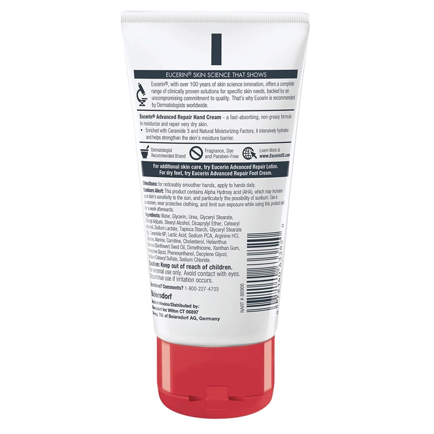 Eucerin Advanced Repair Hand Cream, Immediately Soothes and Repairs Very Dry Skin, Fragrance Free, Non Greasy, Fast Absorbing, Travel Size Hand Lotion, 2.7 Oz Tube, Pack of 3
