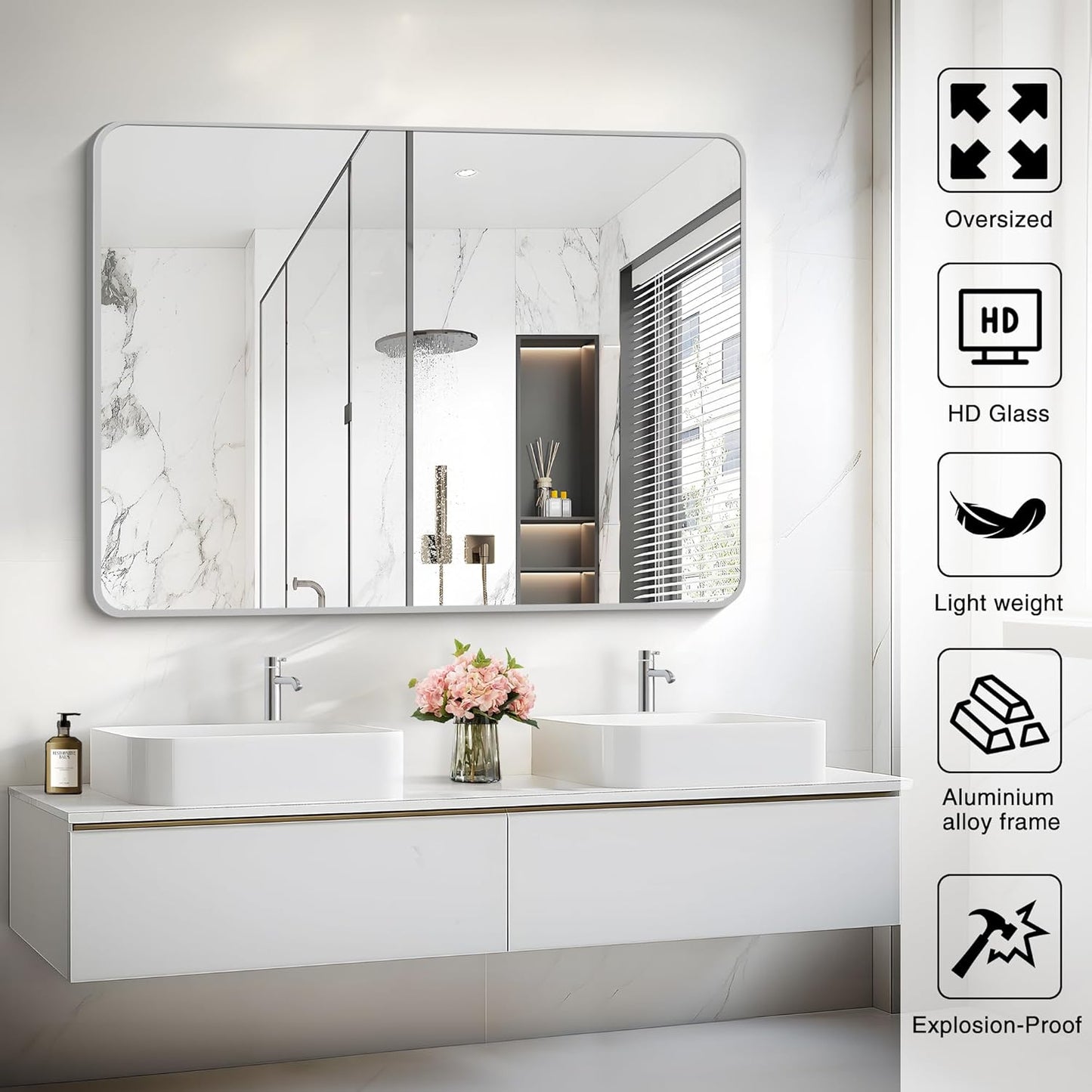 48x36 Inch Silver Bathroom Mirror, Large Rectangular Vanity Mirror, Metal Framed Rectangle Mirrors, Rounded Corner Wall Mounted Mirrors for Living Room Bedroom Entryway Horizontal or Vertical