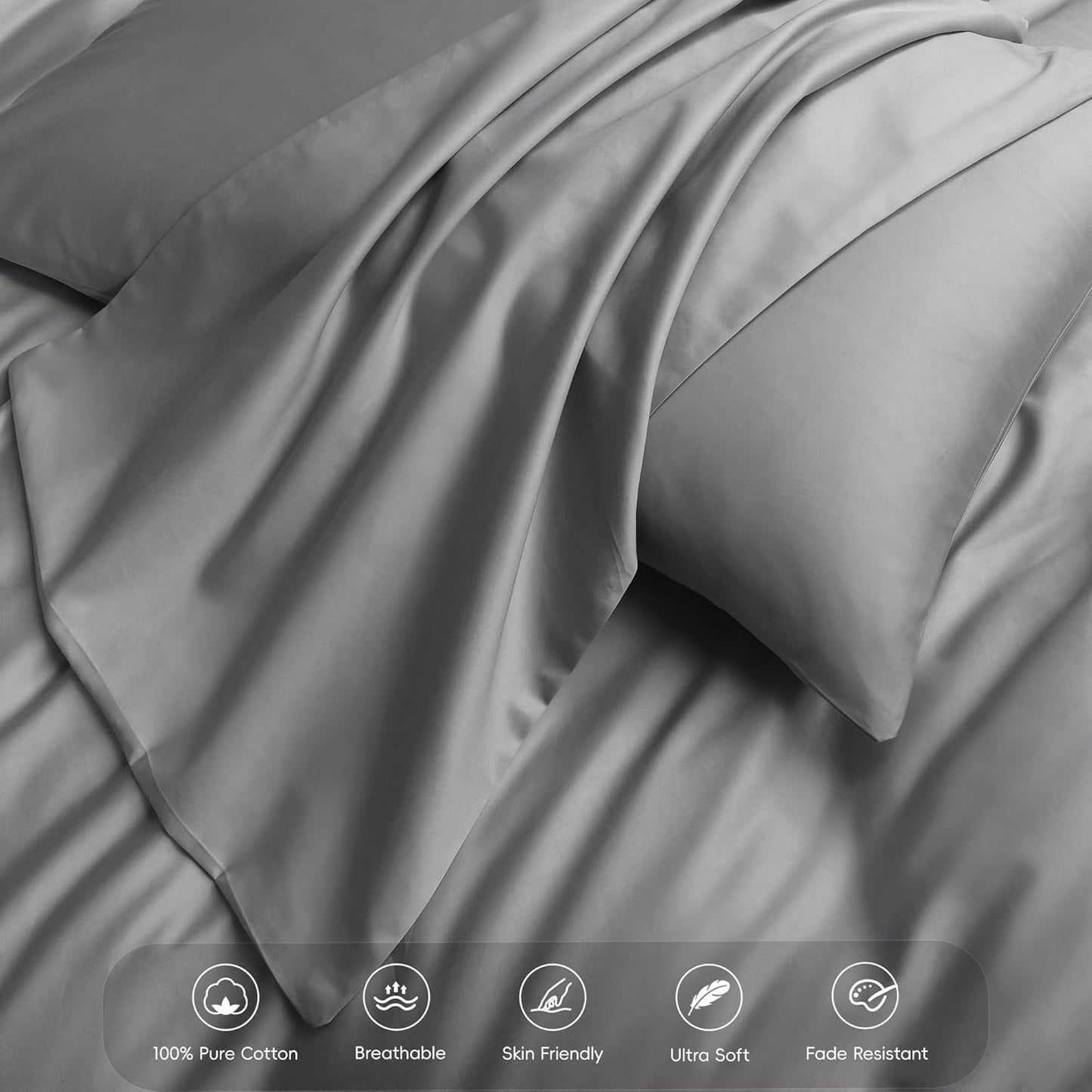 MooMee Duvet Cover Set 100% Extra Long Staple Cotton 600 Thread Count Silky Sateen Smooth Luxury Soft Breathable Durable Hotel Quality Bedding, 3 Pieces (Light Gray, King 104"x90")