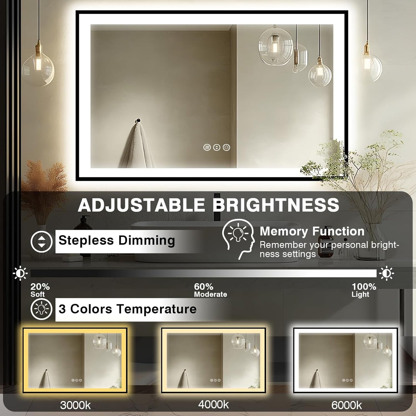 51x36 Lighted Mirrors for Bathroom Wall -Black Aluminum Framed (Front and Backlit), Anti-Fog LED Vanity Mirror, Shatter-Proof Lighted Mirror, 3 Colors Memory Mirror (Horizontal/Vertical)