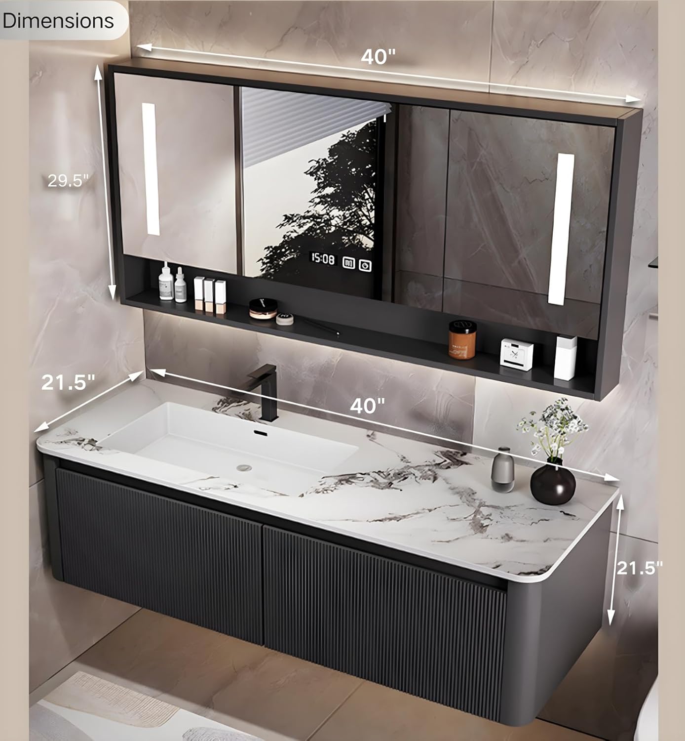 Bathroom Vanity Cabinet, 40" Bathroom Vanity with Sink & Intelligent Defog LED Mirror, Solid Wood Float Vanities, Wall-Mount Bathroom Cabinet with Drawer, Undermount Single Sink, Faucet, Drain(Black)