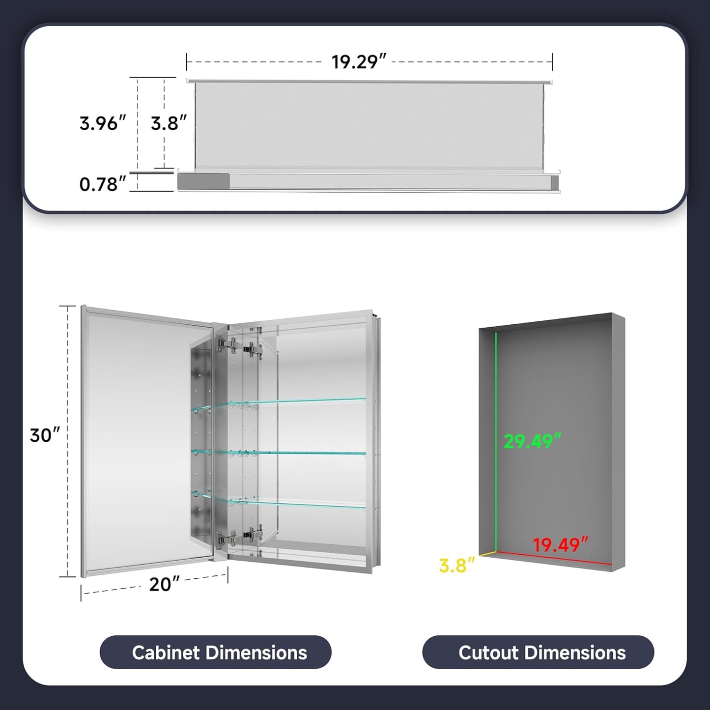 Medicine Cabinet 20" x 30", Bathroom Medicine Cabinet with Mirror, Recessed Medicine Cabinets with Adjustable Shelves, Soft-Closing Door, and Aluminum Alloy Frame - Reverse Installation, Silver