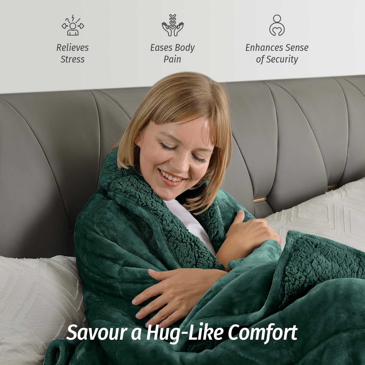 Wemore Sherpa Fleece Weighted Blanket for Adult, 15 lbs Dual Sided Cozy Fluffy Heavy Blanket, Ultra Fuzzy Throw Blanket with Soft Plush Flannel Top, 80 x 87 inches, Green on Both Sides