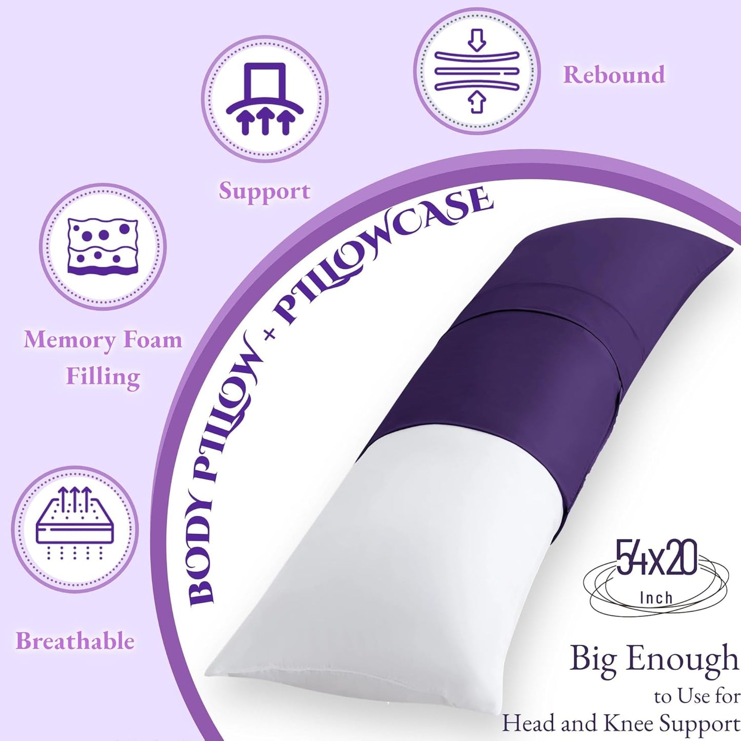 Ubauba Memory Foam Body Pillow with Cover, Full Large Body Pillows Insert for Adults with Envelope Closure Pillowcase, Firm & Fluffy Long Bed Pillows for Sleeping (20x54 inch, Purple)