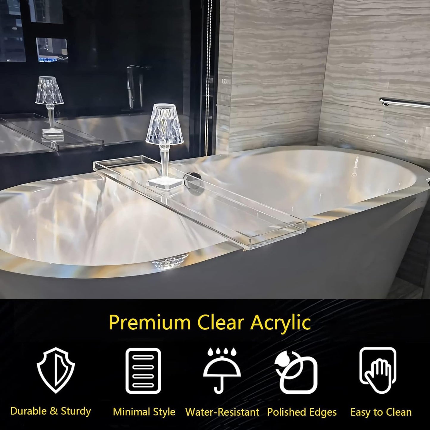 Acrylic Bathtub Tray Bath Caddy for Tub, Clear Bath Tray with Soap Box, 32.3 x 7.87 x 1.18 Inches