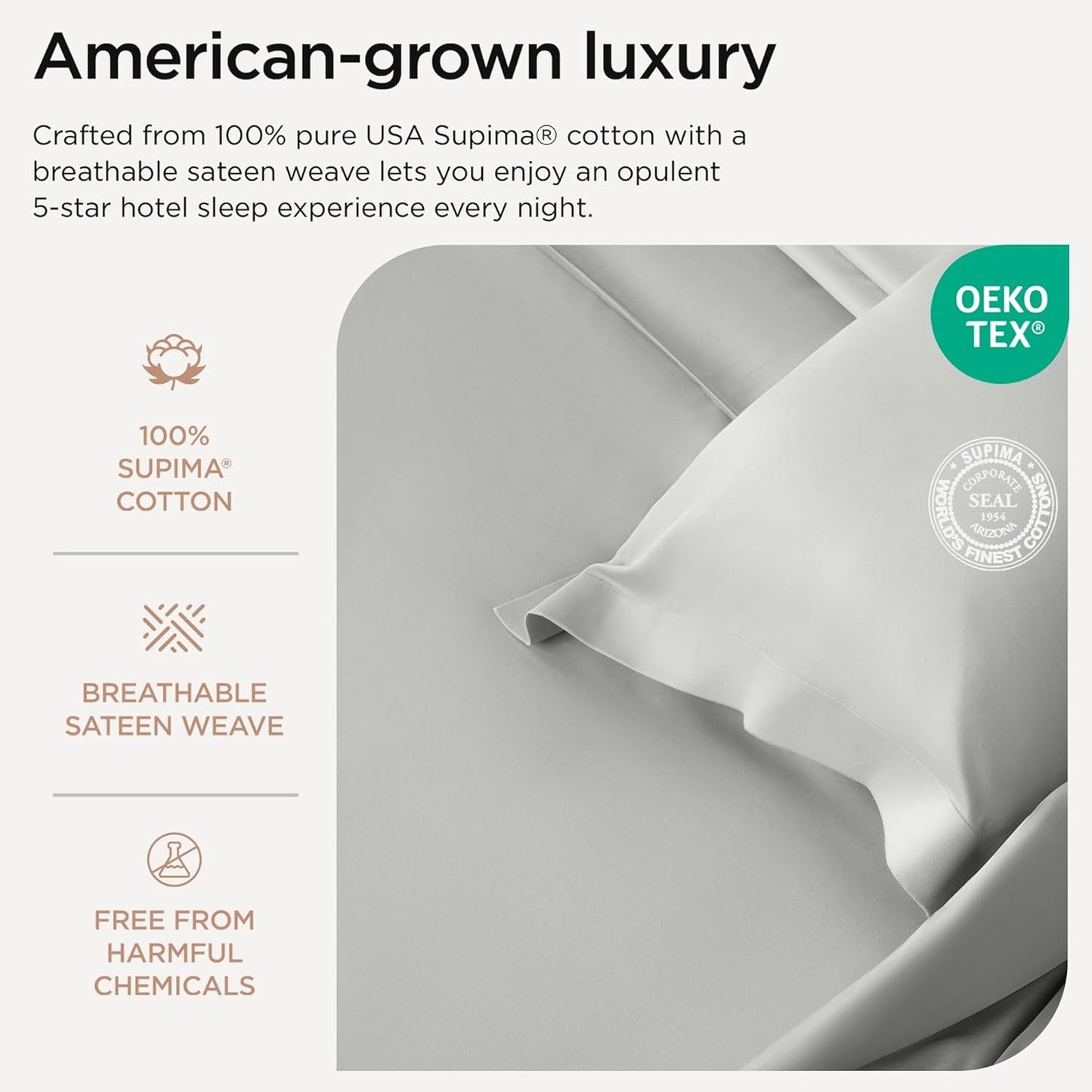 Threadmill Supima Cotton Sheets, 1000 Thread Count Soft 100% Cotton Sheets for Cal King Size Bed, 4 Pc Light Grey Cal King Bed Sheet Set, 5-Star Hotel Quality, Elasticized Deep Pocket Cal King Sheet