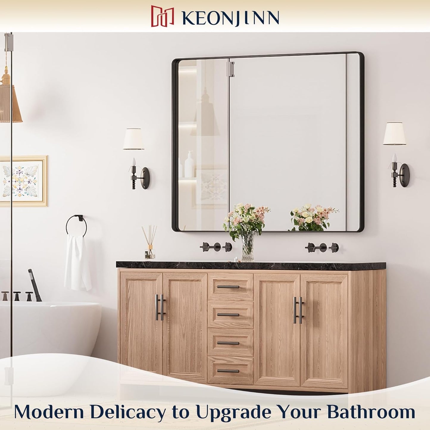 Keonjinn Black Framed Mirrors for Bathroom 48” x 40” Large Rounded Rectangle Wall Mirror, Matte Black Farmhouse Bathroom Vanity Mirror with Seamless Metal Frame, HD Tempered Glass(Horizontal/Vertical)