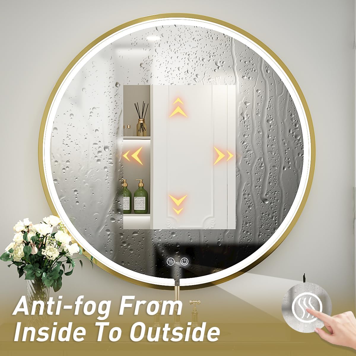 40" Round LED Bathroom Mirror, Dimmable Anti-Fog Vanity Mirror with Touch Control, 6000K Natural Light, Gold Metal Frame, Wall Mounted for Makeup Shaving (IP54, 90+ CRI)