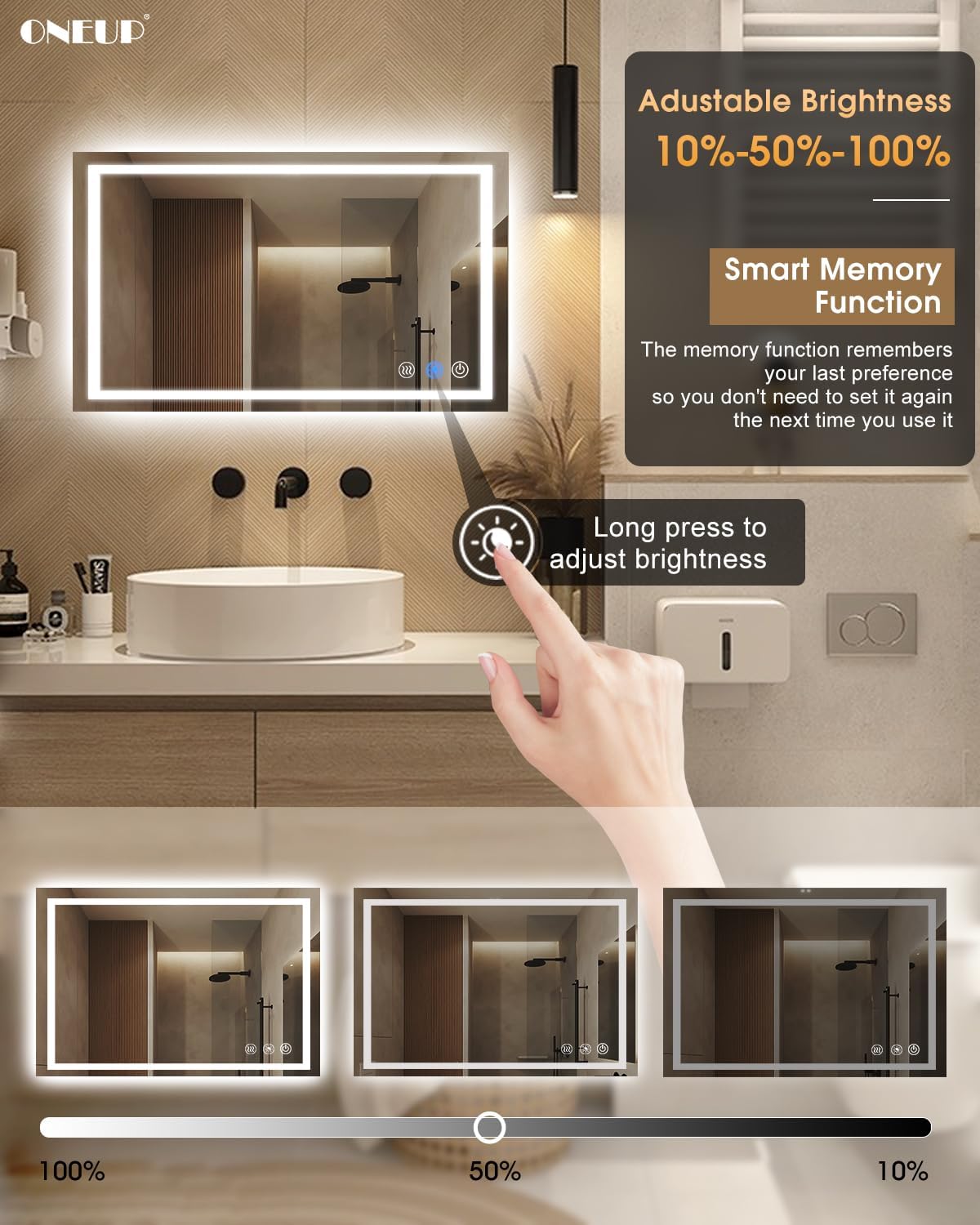oneup 40''x24'' Bathroom Mirror with Lights,Front Lighted Bathroom Mirrors for Wall,Anti-Fog Smart Vanity Mirror,Touch Button and Memory Function,Dimmable 3-Color Lights (Horizontal/Vertical)