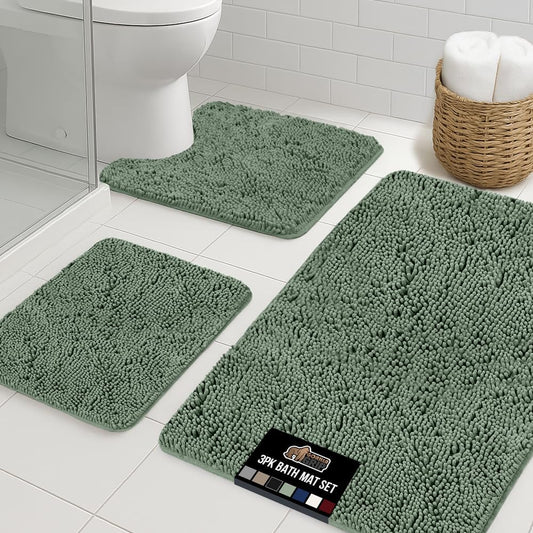 GORILLA GRIP Bathroom Rug Sets 3 Piece, Bath Mat Set and Oval Toilet Base with Rubber Backing, Plush Absorbent Shaggy Chenille Washable Mats, Includes 24x19.5, 24x17 and 36x24 Inch Rugs, Sage