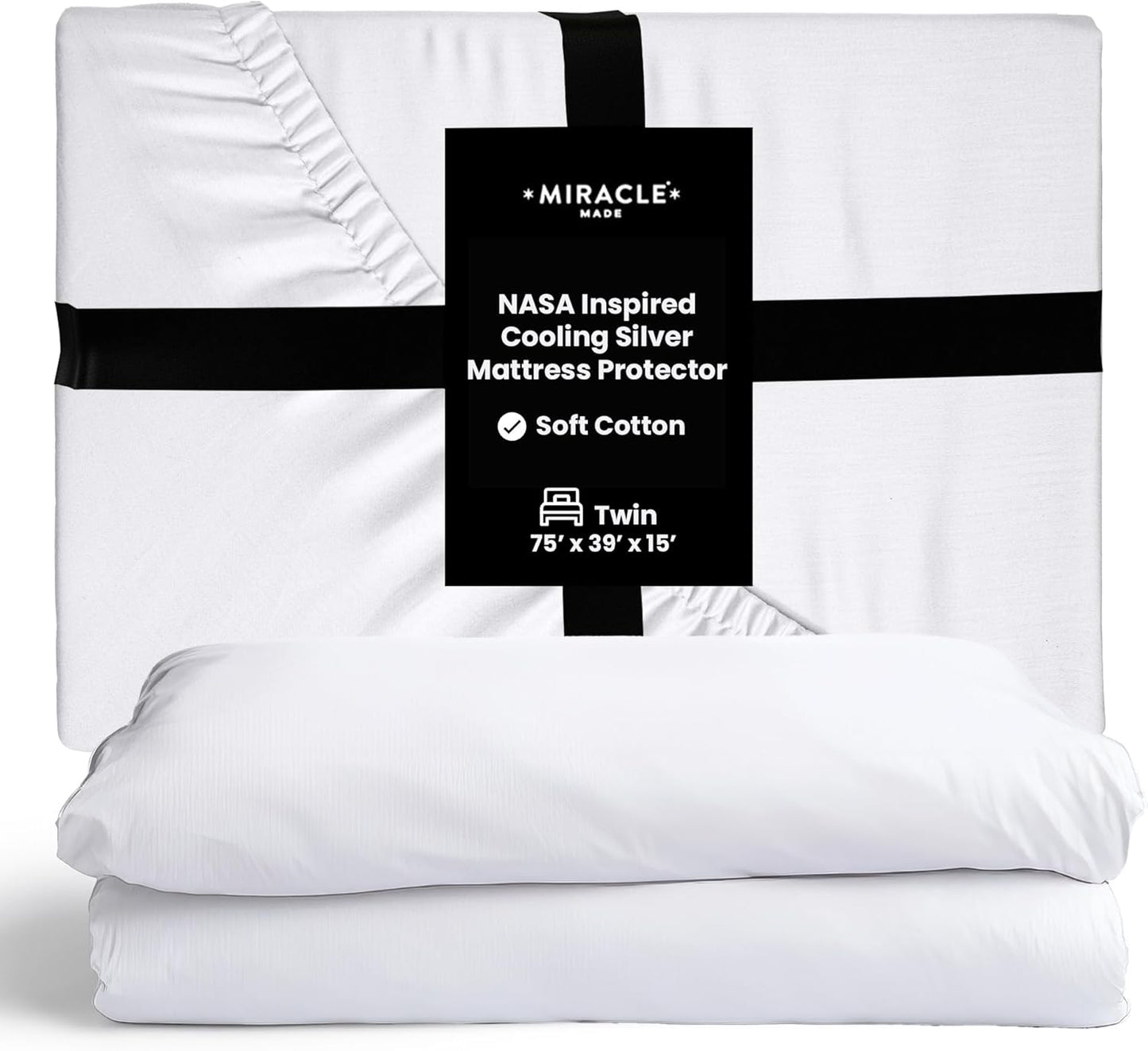 Miracle Made Mattress Protector – Silver-Infused Cotton Fabric – Water-Resistant, Thermoregulating Cover for Sensitive Skin – Compatible with 3-Temperature Zone Comforter, Twin, White