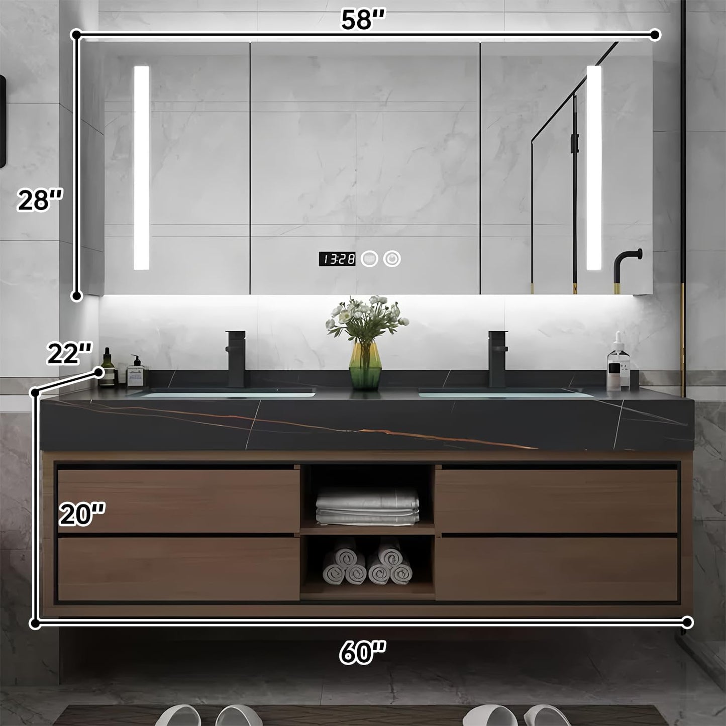 60IN Double Sink Bathroom Vanity, Floating Modern Bathroom Vanity Include Smart Defog Mirror Cabinet with LED Light, Solid Wood Vanities with Integrated Sink and Drawers Storage