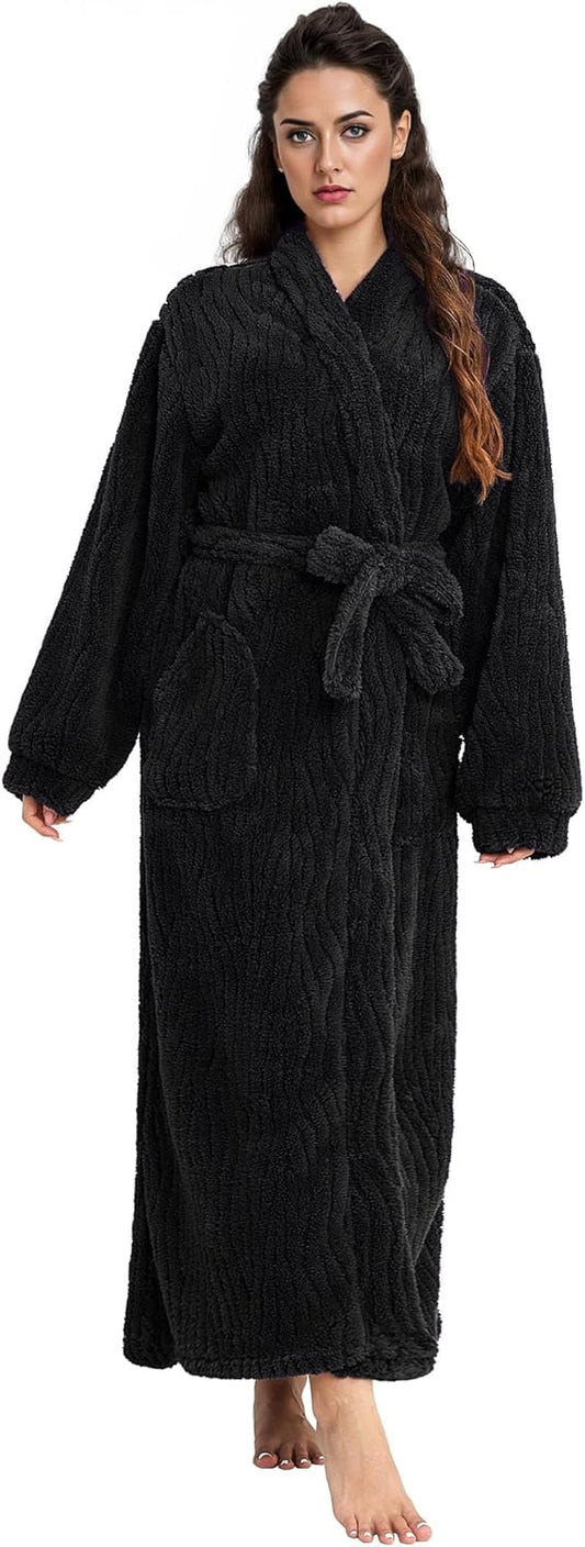 Artfasion Womens Long Fleece Robe - Warm Soft Floor Length Flannel Bathrobes for Winter Thicker Long House Coat with Pockets
