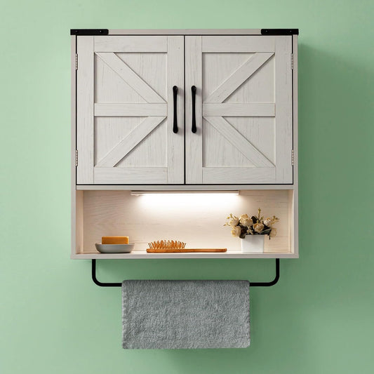 Bathroom Wall Cabinet Over Toilet 24x24 Inch Farmhouse Medicine Cabinet with Towel Bar, 2 Door, Motion Sensor Light & Adjustable Shelves, White Above Toilet Storage for Laundry or Kitchen