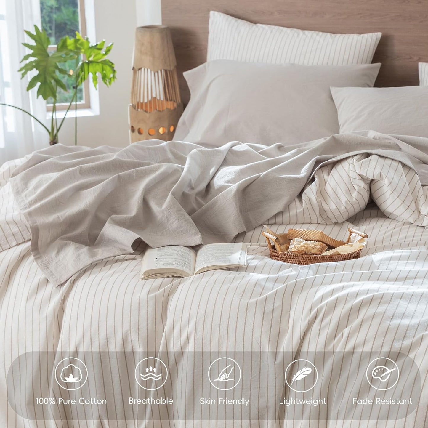 MooMee Bedding Sheet Set 100% Washed Cotton Linen Like Textured Breathable Durable Soft Comfy (Solid Light Tan, Queen)