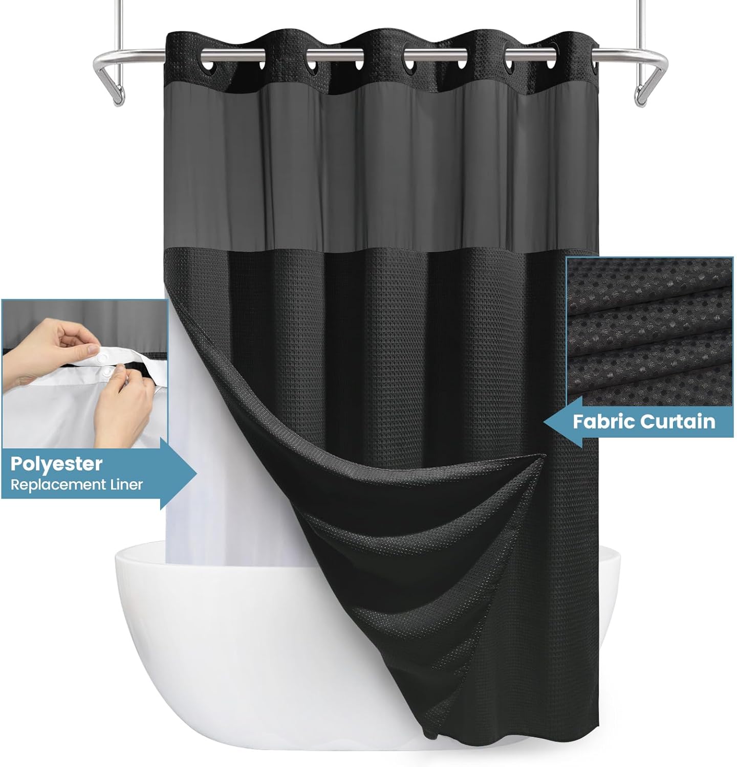 Long No Hook Shower Curtain with Snap in Liner,230GSM Waffle Weave Shower Curtains for Bathroom,71W x 77H(75"),Black