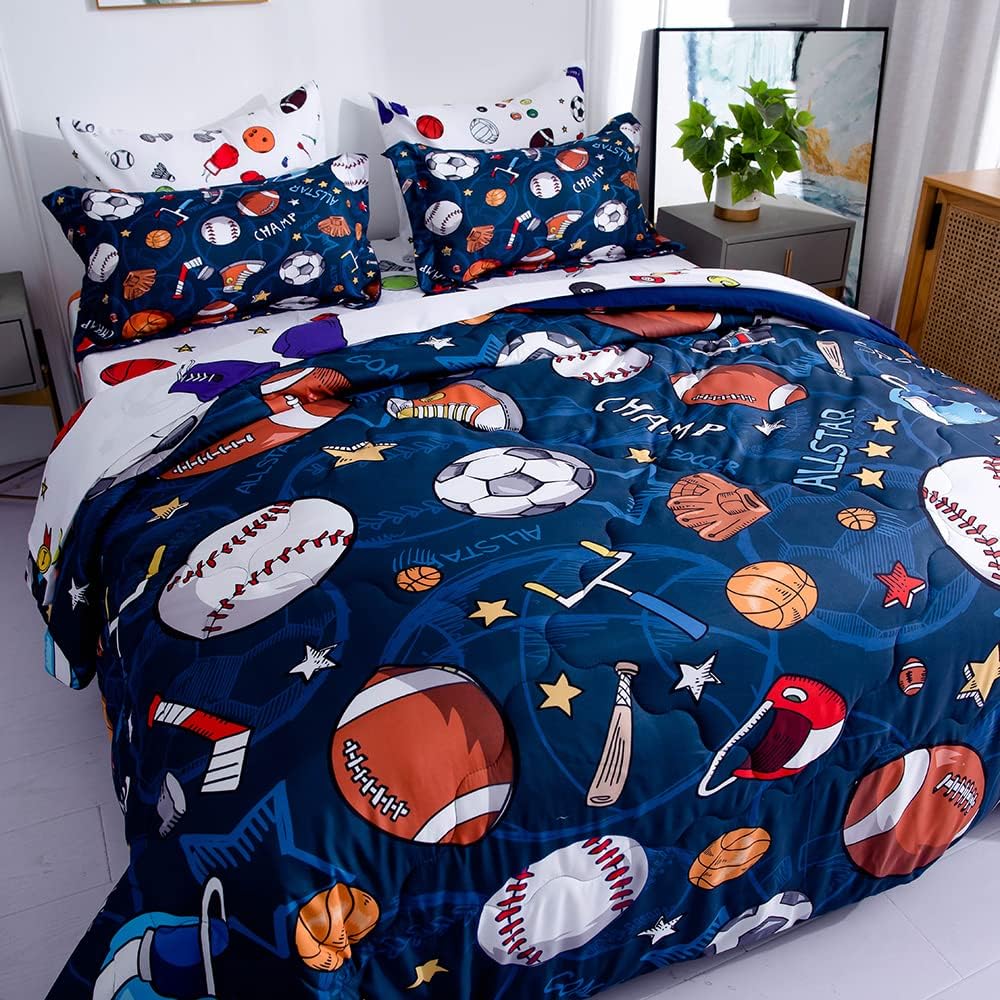 Wajade Sports Comforter Set Bed in A Bag Twin Size 7 Piece 3D Soccer Basketball Baseball Football Bedding Set for Kids Boys (1 Comforter, 1 Flat Sheet, 1 Fitted Sheet, 2 Pillowcase and 2 Pillow Sham)
