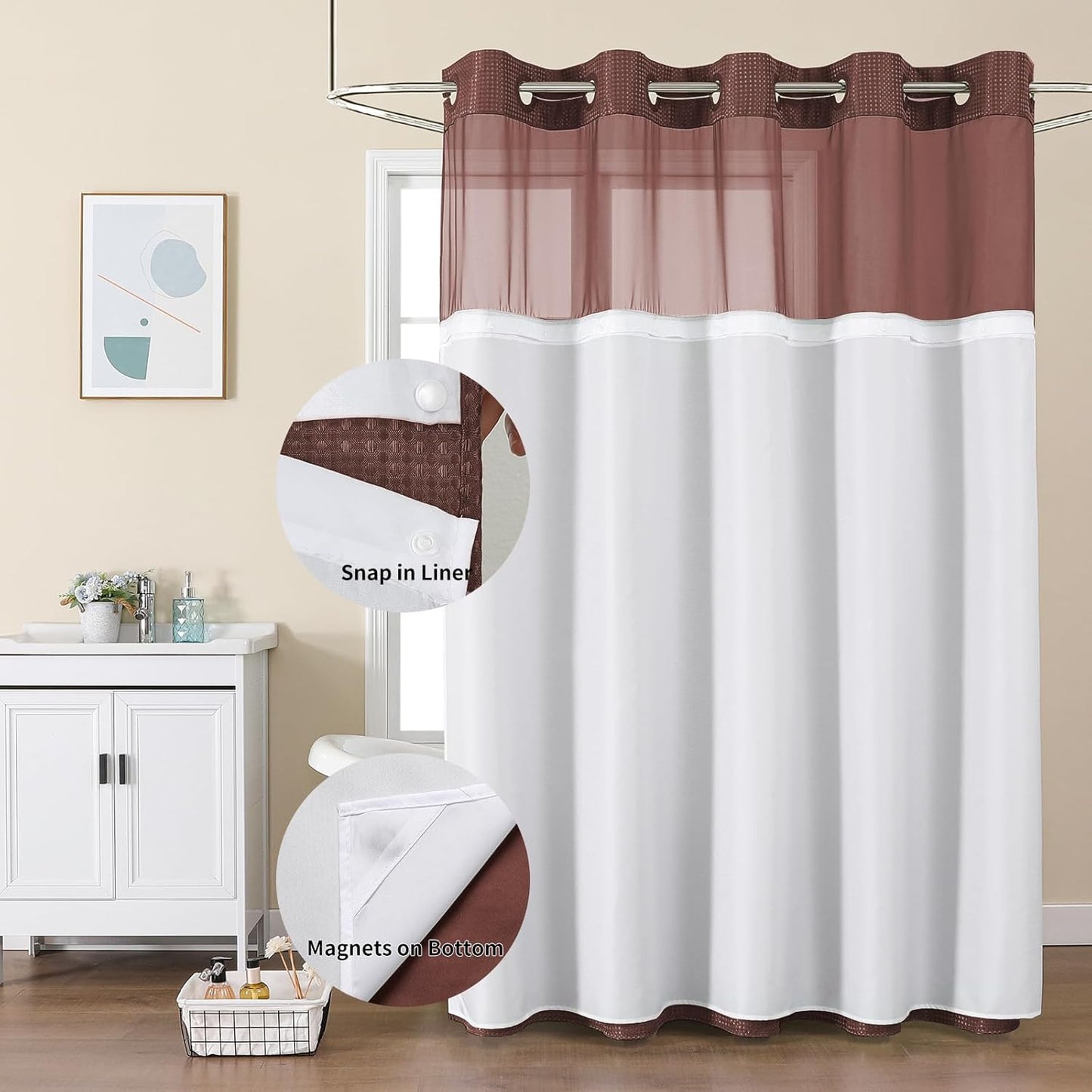 Colorful Star No Hook Shower Curtain with Snap in Fabric Liner, Waffle Weave Heavy Duty Thick Shower Curtains with Mesh Top Window, Hotel Style Waterproof Bathroom Curtain Set, 72 x 75 Inch, Brown