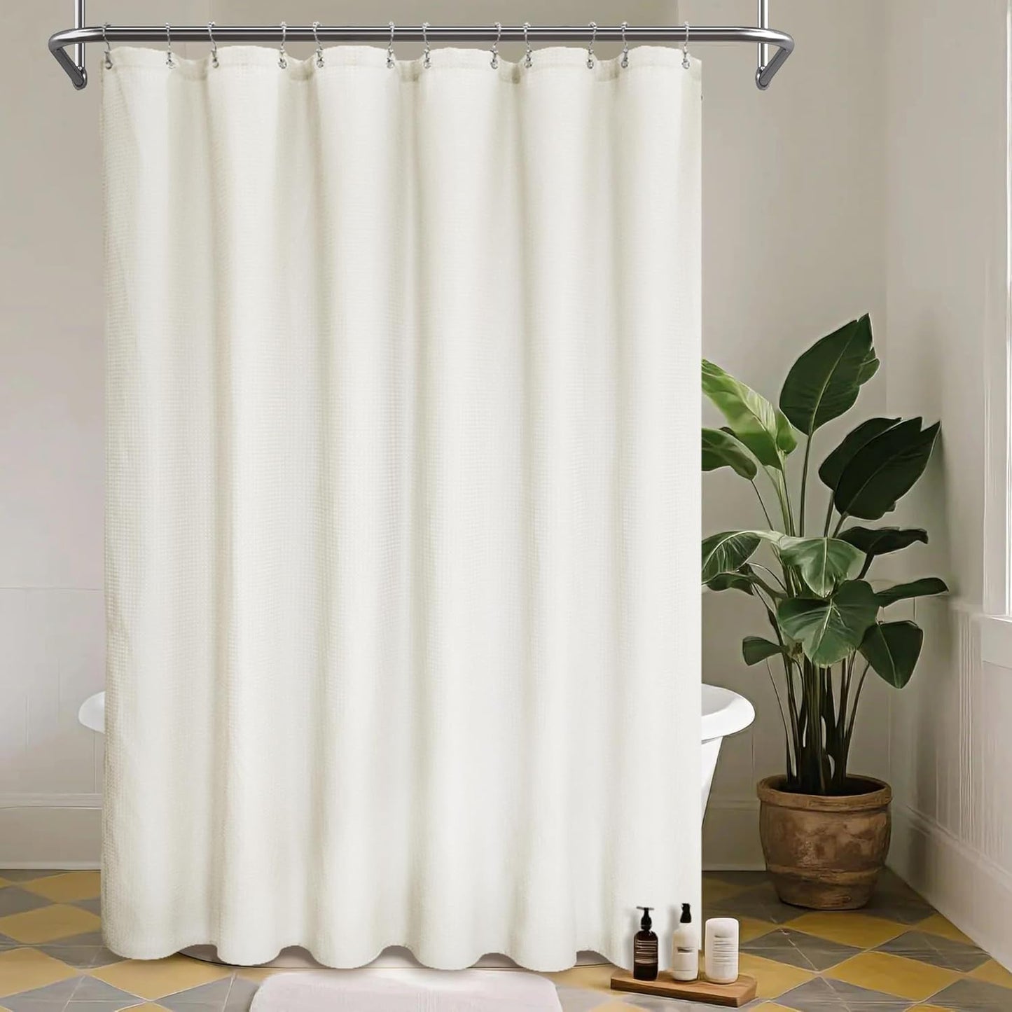 Barossa Design Extra Long Fabric Waffle Weave Shower Curtain 84 inch Height, Hotel Luxury Spa, Water Repellent, 230gsm Heavy Duty, Machine Washable, Cream Pique Pattern, 71x84