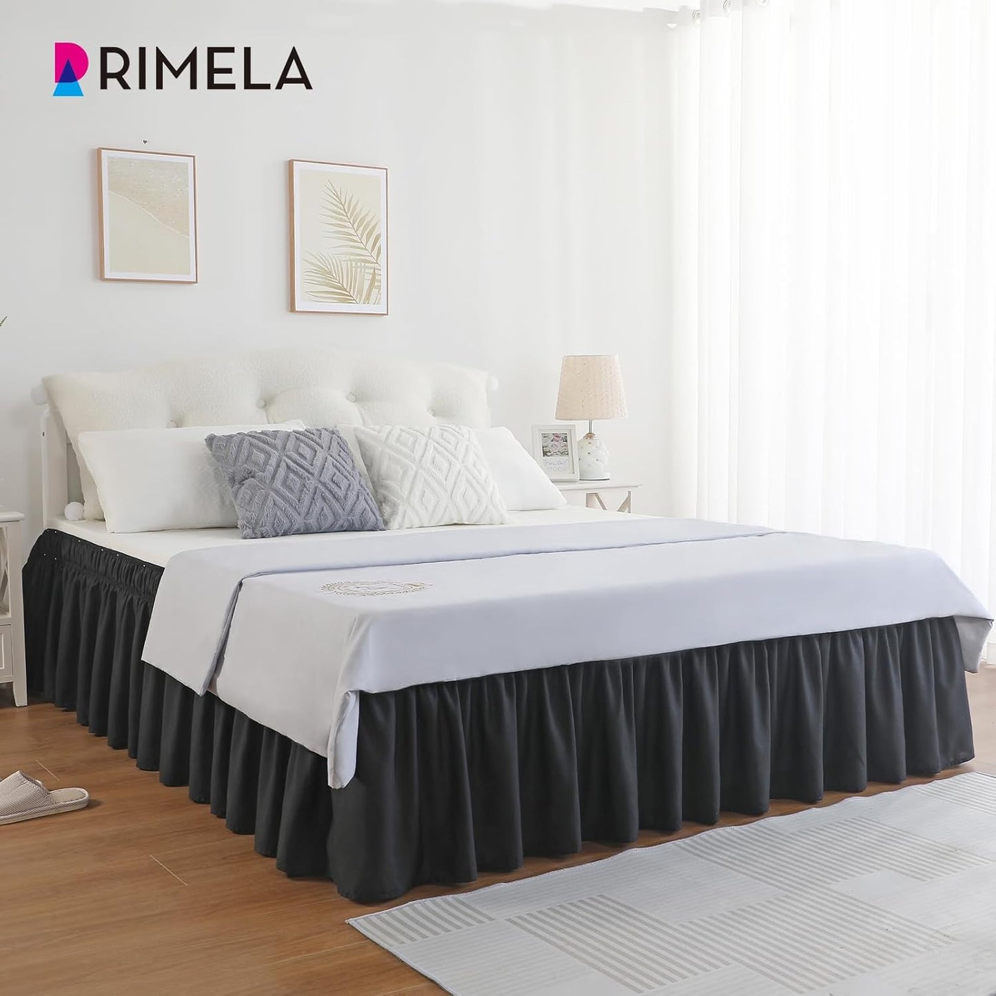 RIMELA Black Bed Skirt King Size 14 Inch Drop, Elastic Bed Skirting for Bed Base and Frame, Bedding Dust Ruffle Easy to Install, Lightweight Comforter Set with Wrap Around Adjustable Bedskirt