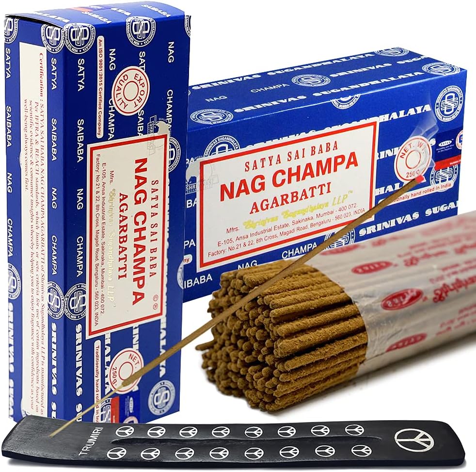 TRUMIRI Incense Stick Holder Bundle with Satya Sai Baba Nagchampa 250g Incense Sticks - Pack of 2 (Approx 500 Sticks)