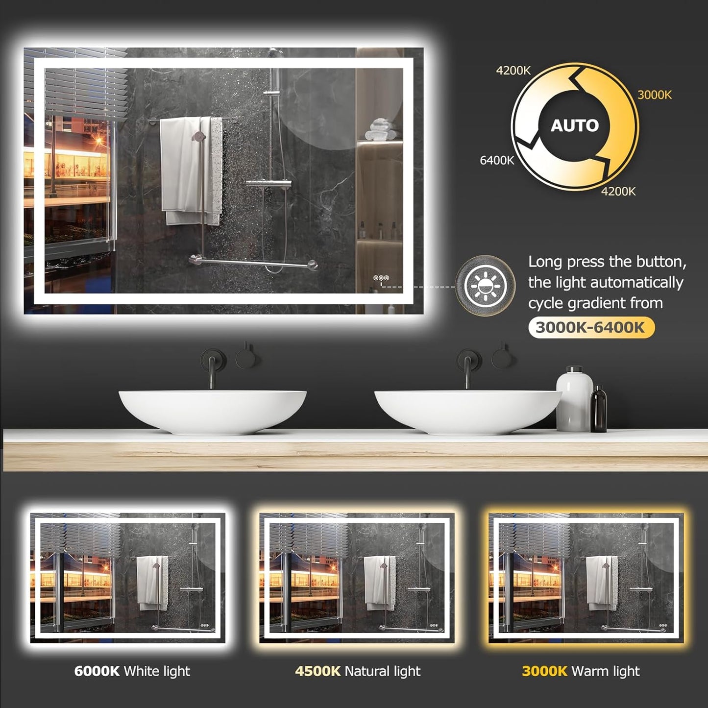 60X40 LED Bathroom Mirror with Lights, Anti-Fog, Dimmable, Backlit + Front Lit, Smart Bathroom Vanity Mirror, Memory Function, Shatterproof, Tempered Glass (Horizontal/Vertical)