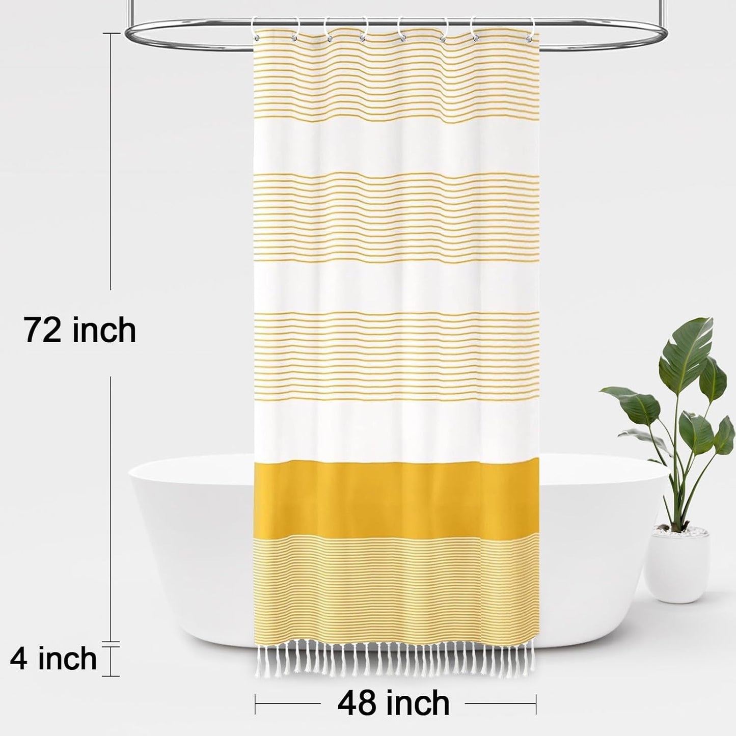 Awellife Boho Yellow Shower Curtain for Bathroom Farmhouse Cotton Stripe Tassel Shower Curtain Natural Texture 72" L x 48" W