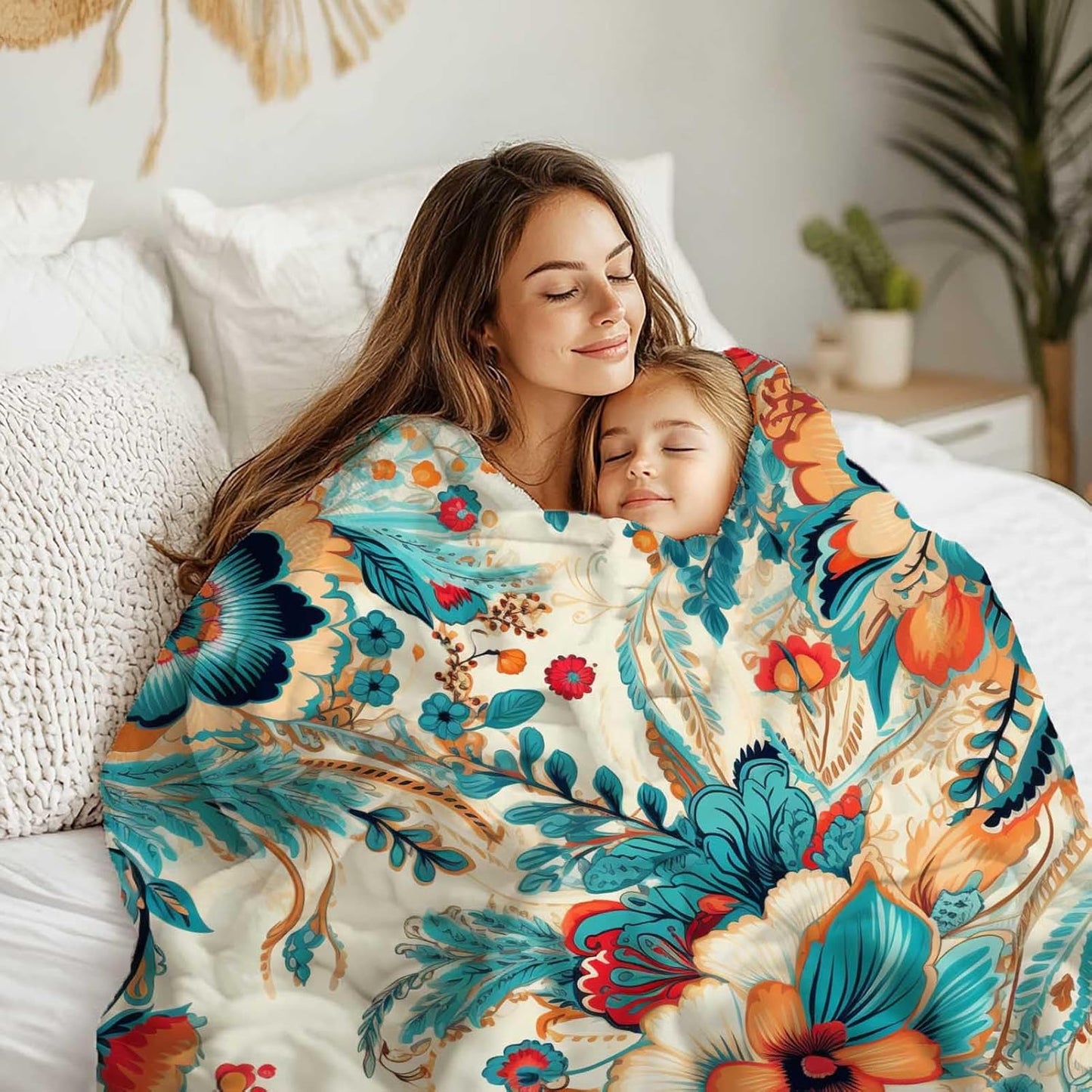Floral Throw Blanket, Wild Flowers Blanket Gift for Women and Men, Lightweight Teal and Turquoise Fleece for Home Decor, Machine Washable, 50x60 Inches