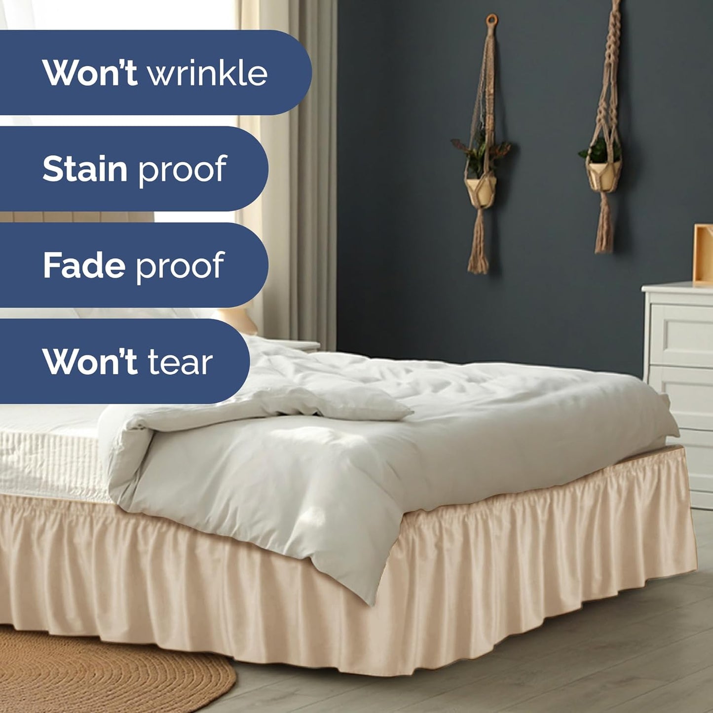 Wrap Around Dust Ruffle Bed Skirt - Cream - for Queen Size Beds with 21 Inch Drop - Easy Fit Elastic Strap - Adjustable Pleated Bedskirt w/Brushed Fabric - Wrinkle Free - for Women, Men, Kids & Teens