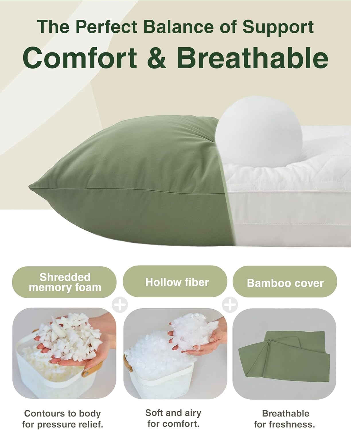 ZonLi Memory Foam Body Pillow for Adults, 20x54 Long Body Pillow with Sage Green Bamboo Pillowcase, Adjustable Firm Full Pillow for Side Sleepers & Pregnancy