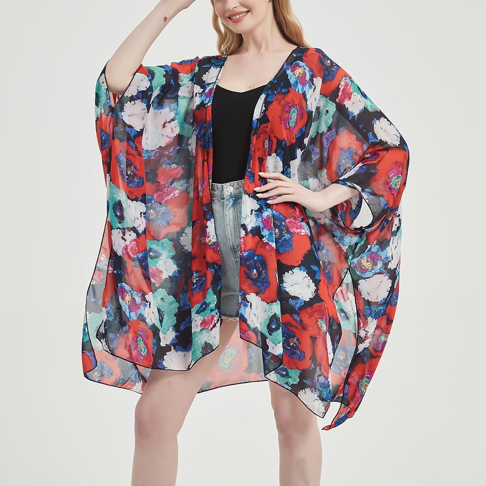 Women's Bohemian Floral Chiffon Beach Cover up Swimsuit Kimono Summer Swimwear Cardigans