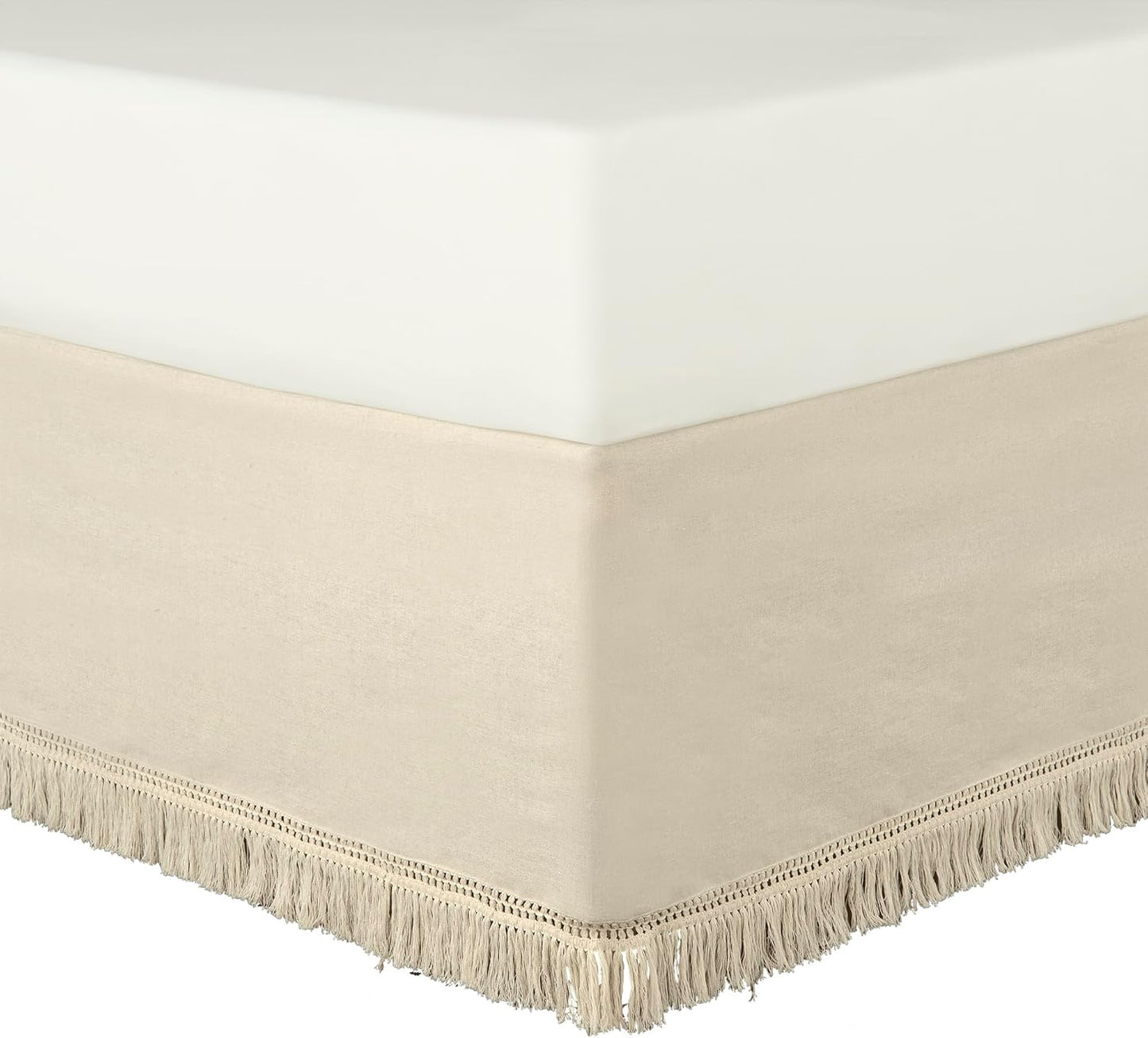Lush Decor Boho Fringe 15-Inch Tailored Drop Easy Fit Bedskirt, Queen, Neutral