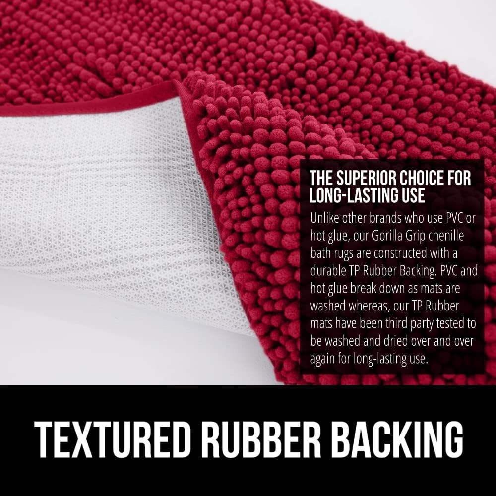 GORILLA GRIP Bath Rug Mat 30x20, Thick Soft Absorbent Chenille, Quick Dry Microfiber Mats, Rubber Backing Washable Shower Floor Rugs, Bathmat Runner, US Designed Bathroom Home Decor Accessories Red