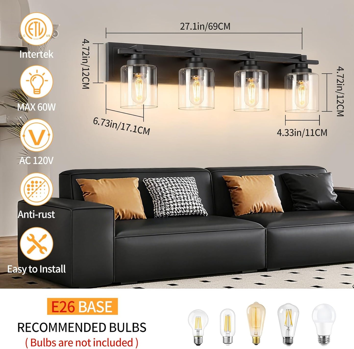 4 Light Modern Bathroom Light Fixtures Over Mirror, Black Vanity Lights for Bathroom Wall Sconces with Clear Glass Shades, E26 Socket (Bulbs Not Included)