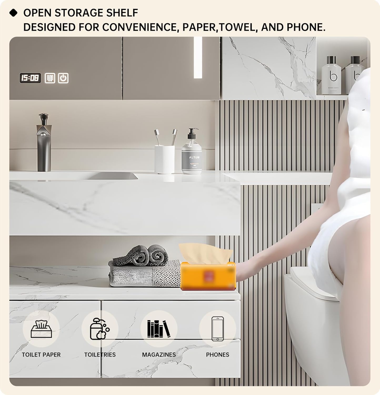 Floating Bathroom Vanity with Sink, Solid Wood Bathroom Vanity Set, Smart Defogging Mirror & Induction Side Cabinet & Large Storage - Elegant Bathroom Vanities (White,60IN)