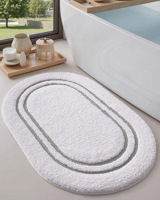 DEXI Oval Bath Mats for Bathroom, 17x30 Absorbent Bath Mat, Washable Microfiber Bathroom Rug with Non Slip Backing for Shower Floor, Light Grey