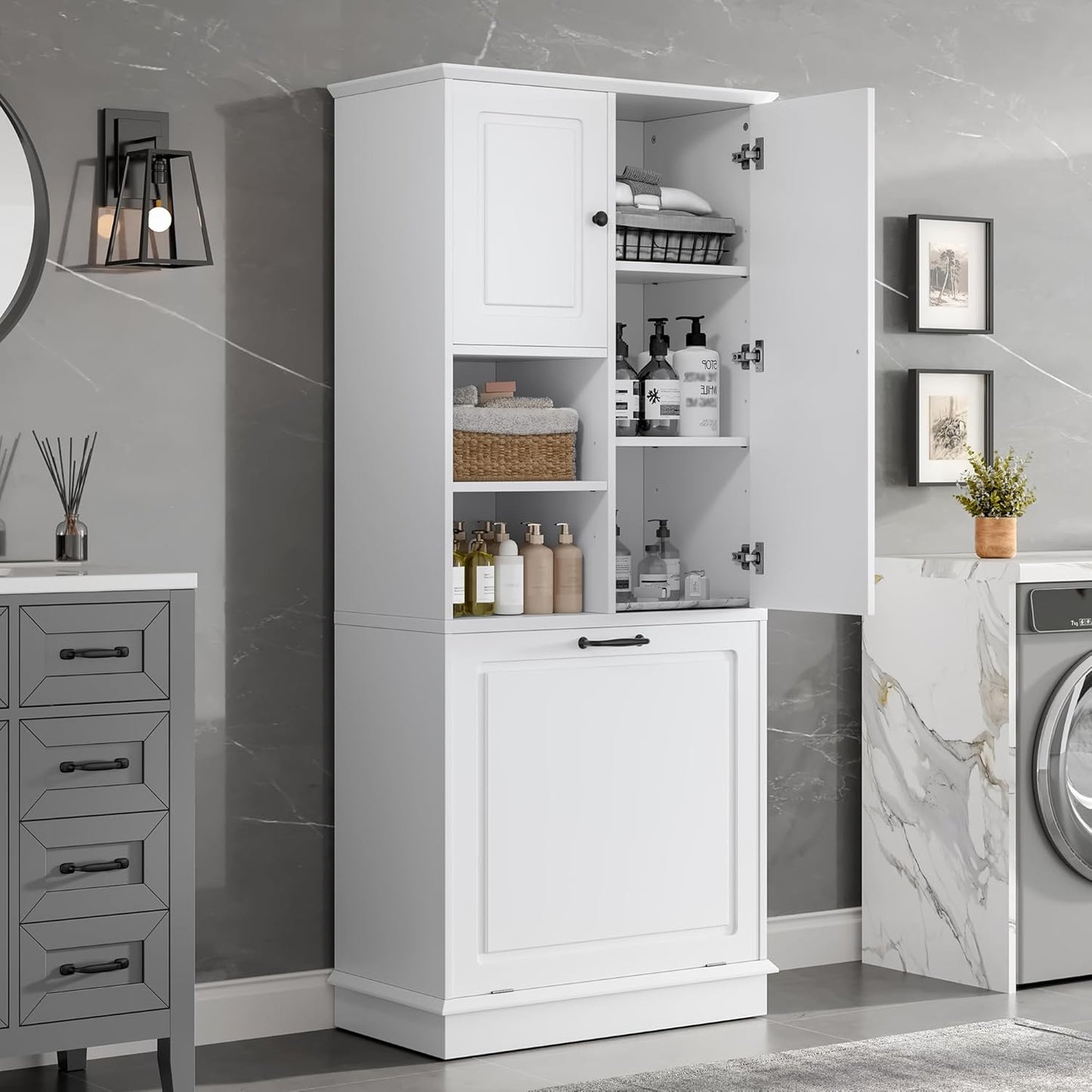 Tall Storage Cabinet with Adjustable Shelves & Flip-Out Basket, MDF Material with Aluminum Alloy Handles, Large Capacity for Bathroom, Kitchen, Living Room, Office Organizer, White
