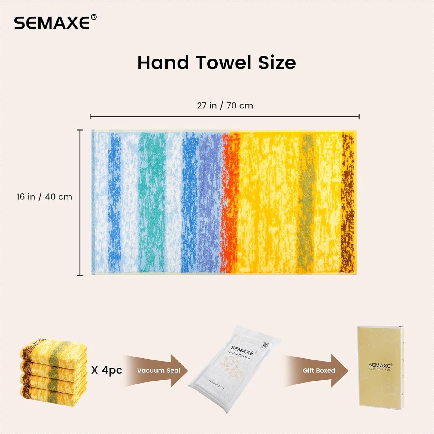 SEMAXE Hand Towels for Bathroom, 100% Cotton Towels with Hanging Loops, Soft and Absorbent, 4 Pack Hand Towel Set for Gym, Shower, Hotel, Spa and Kitchen, Colorful Towel - Wheat Field Collection