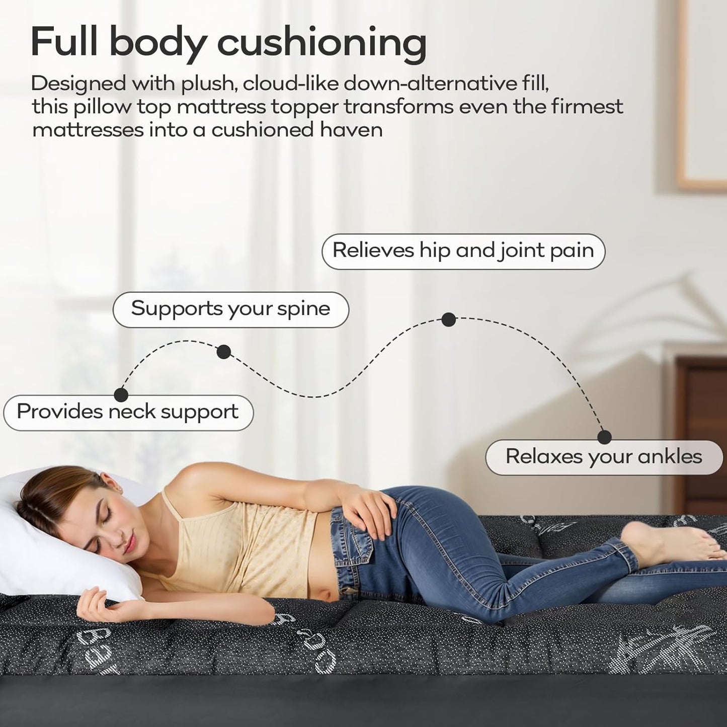 OLANLY Full Mattress Topper – Viscose Made from Bamboo, Cooling Soft Full Pillow Top Mattress Pad for Back Pain Relief, Plush Down Alternative Fill Bed Topper with Elastic Deep Pocket, Dark Gray