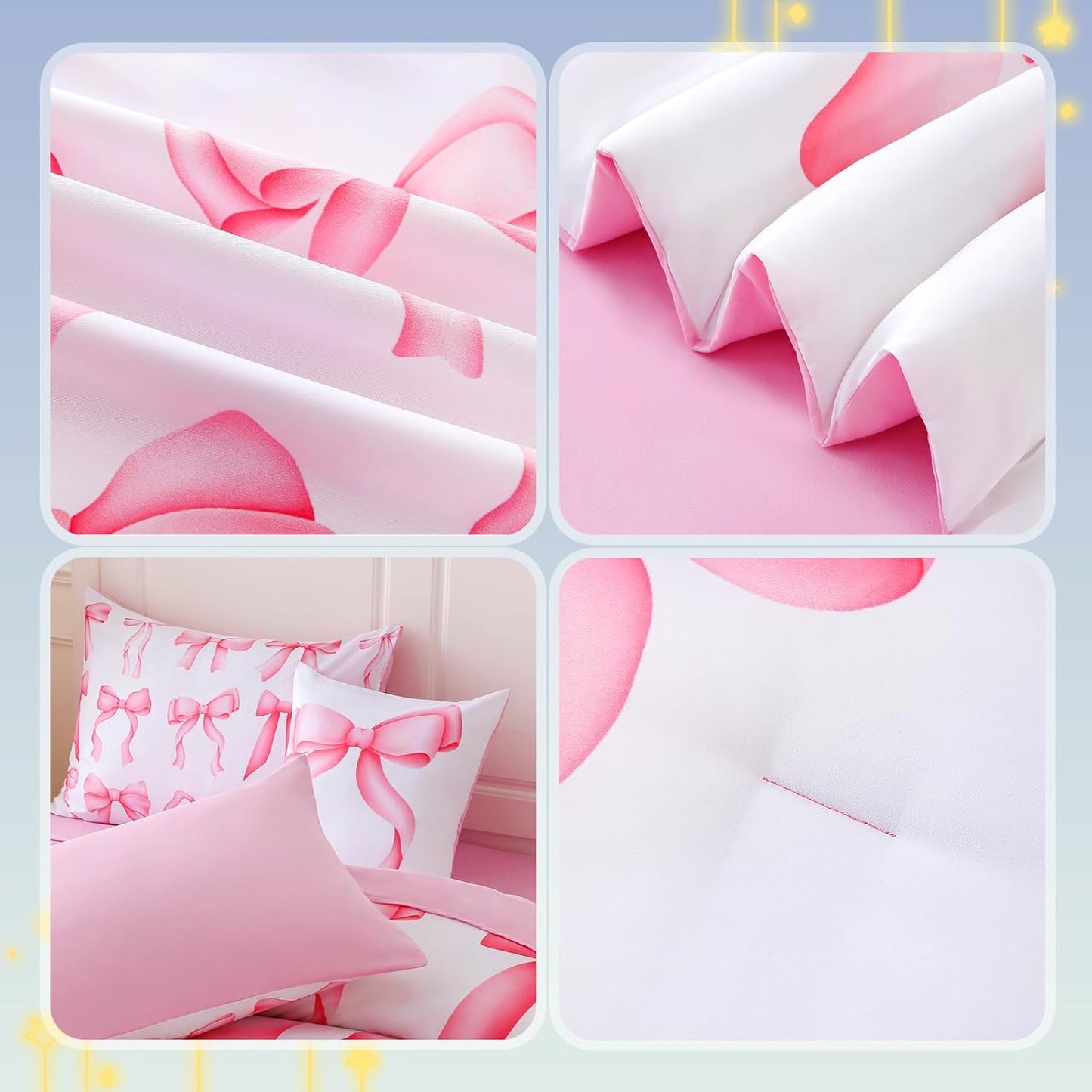 6 Pieces Twin Comforter Sets with Sheets Pink Bed in a Bag for Girls,Bow Comforter Set,Bow Twin Bedding Sets for Kids