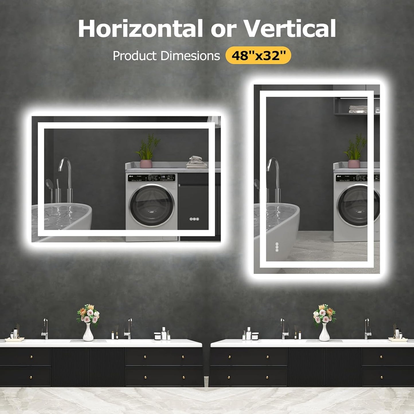 48X32 LED Bathroom Mirror with Lights, Anti-Fog, Dimmable, Backlit + Front Lit, Smart Bathroom Vanity Mirror, Memory Function, Shatterproof, Tempered Glass (Horizontal/Vertical)