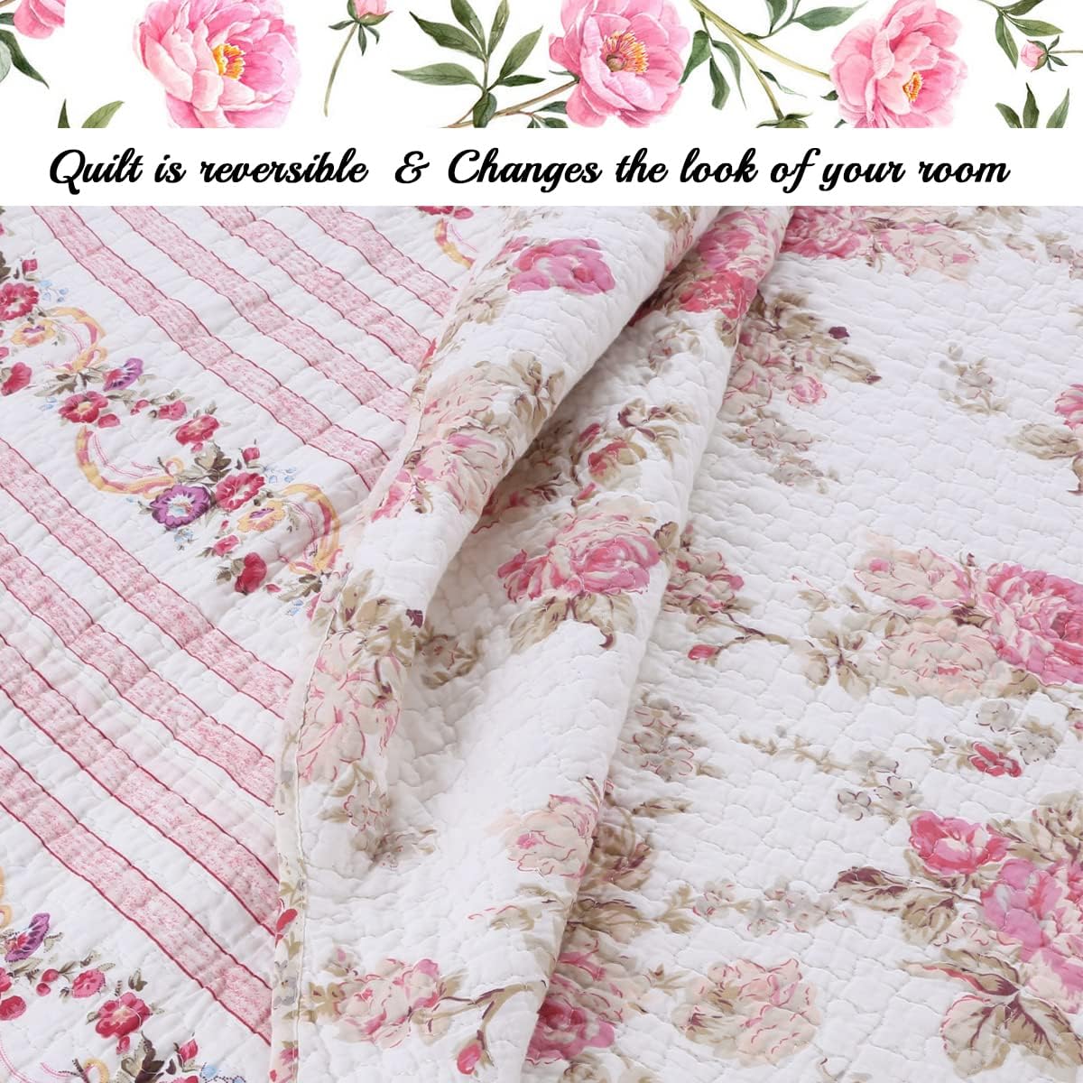 Cozy Line Home Fashions Romantic Pink Peony Floral 100% Cotton Reversible Quilt Bedding Set, Coverlet, Bedspread (Pink Peony, King - 3 Piece)