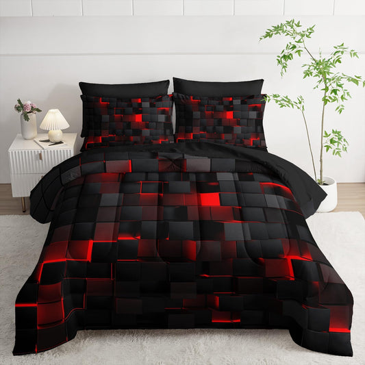 7pc Black & Red Comforter Set Twin - 3D Cube Bed in a Bag, Geometric Pattern, Soft Microfiber Bedding, All Season