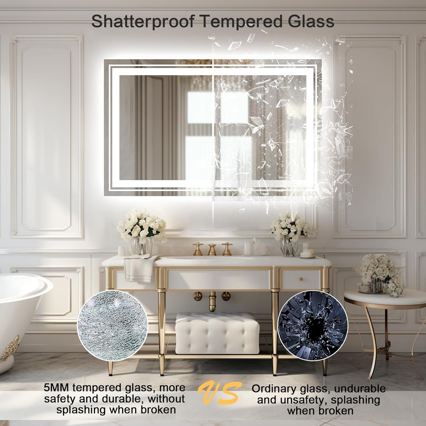 WTTY 48"x40" LED Bathroom Mirror with Lights, Front Lighted Bathroom Vanity Mirrors for Wall, Anti-Fog, Dimmable Wall Mirrors for Bathroom, Memory, Shatter-Proof, Double LED Vanity Mirror