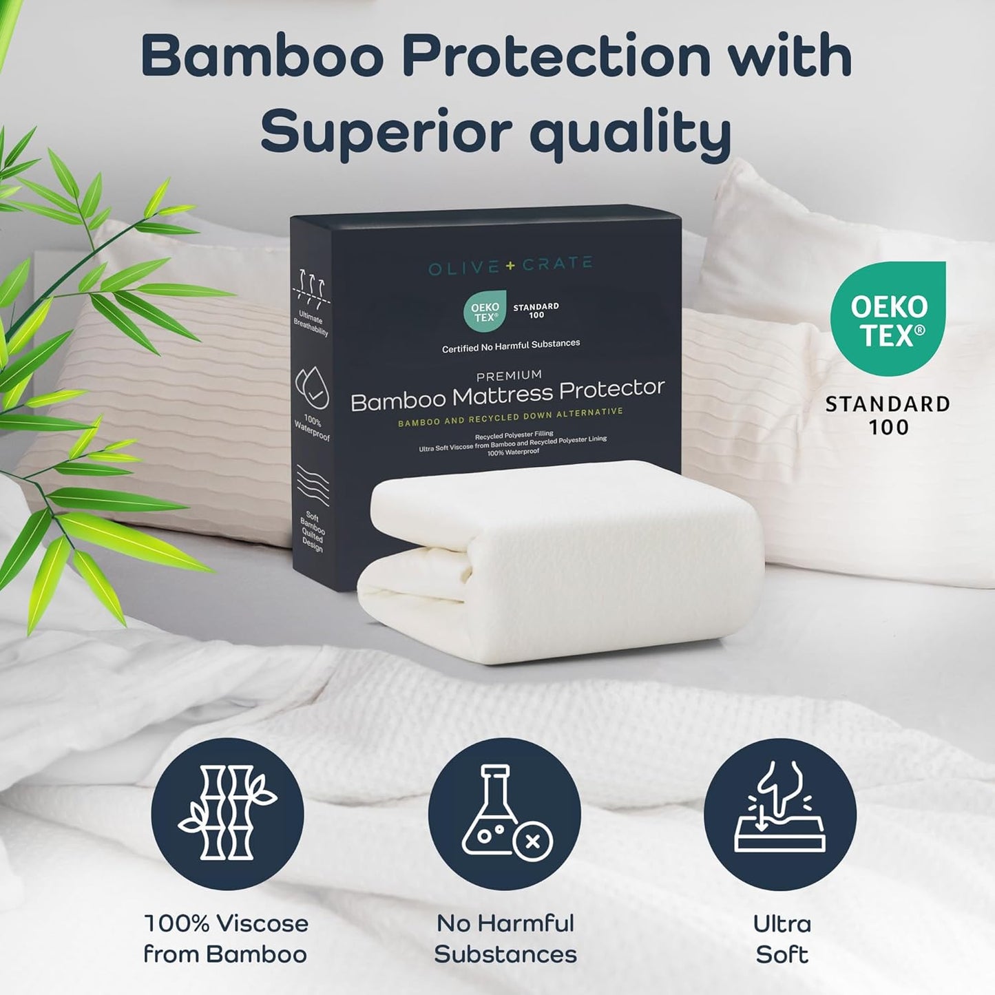 Olive + Crate 100% Viscose Bamboo Mattress Protector - Eco-Concious Cooling Mattress Cover - Waterproof Hypoallergenic Protection - Breathable Twin XL Shield Against Dust & Spills