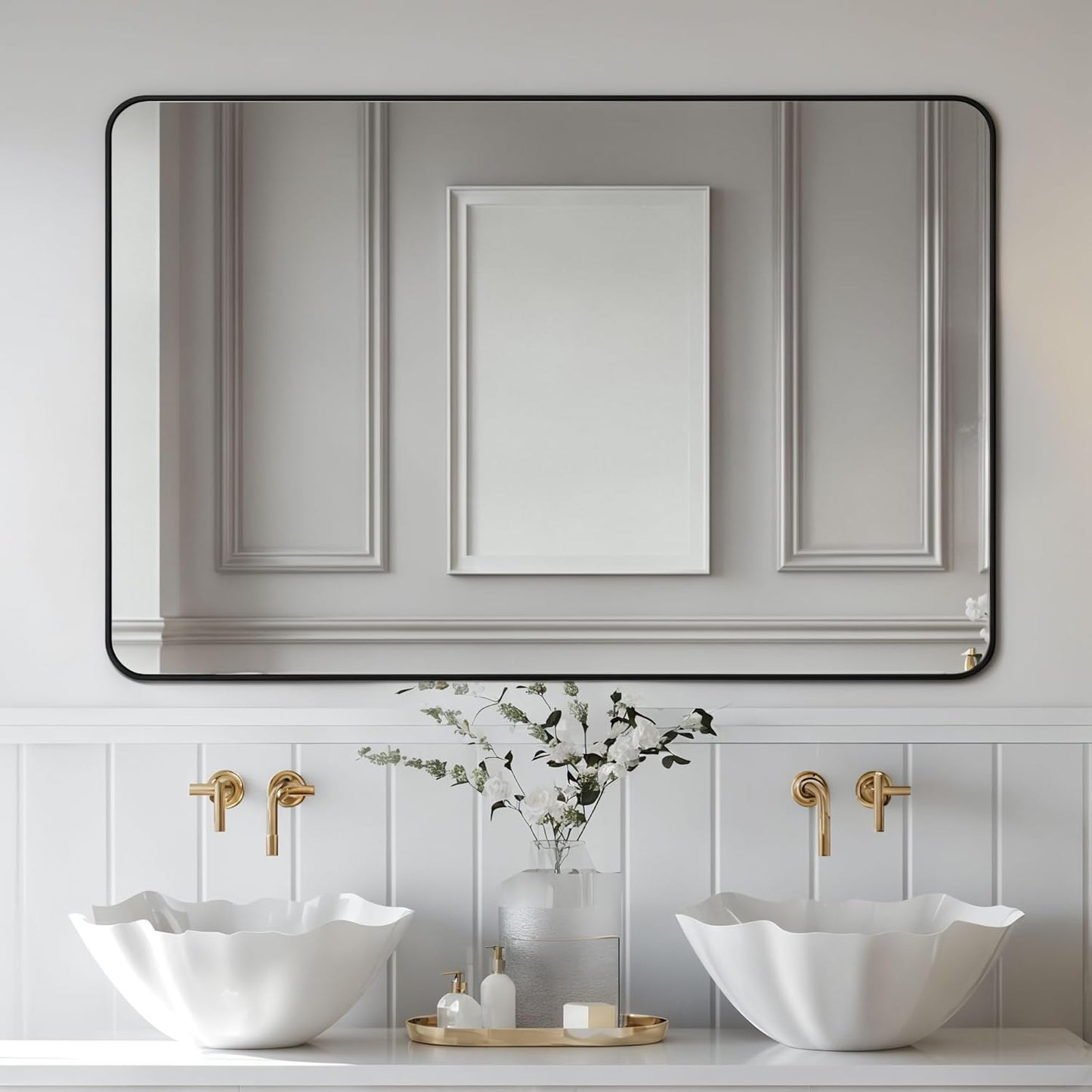 Antok Bathroom Mirror,60"x30" Wall Mirror, Decorative Mirrors Vanity Mirror Aluminum Alloy Frame Contemporary Hanging Mirror for Living Room Bathroom Entryway,Black,Round Corner