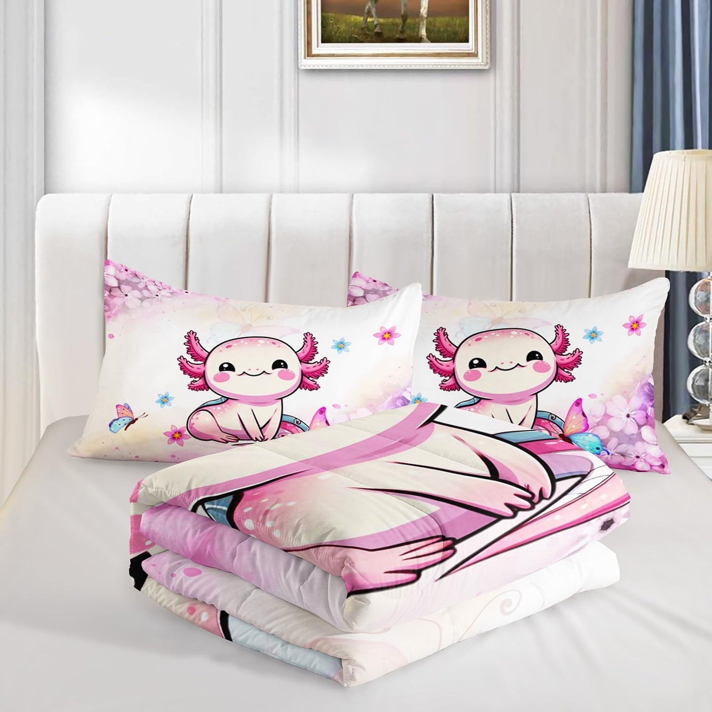 Cartoon Axolotl Comforter Kids Bedding Set,Axolotl Flower Butterfly Bedding King Size for Boys Girls Room Kawaii Decor,Pink Toddler Comforter Sets with 2 Pillowcases.