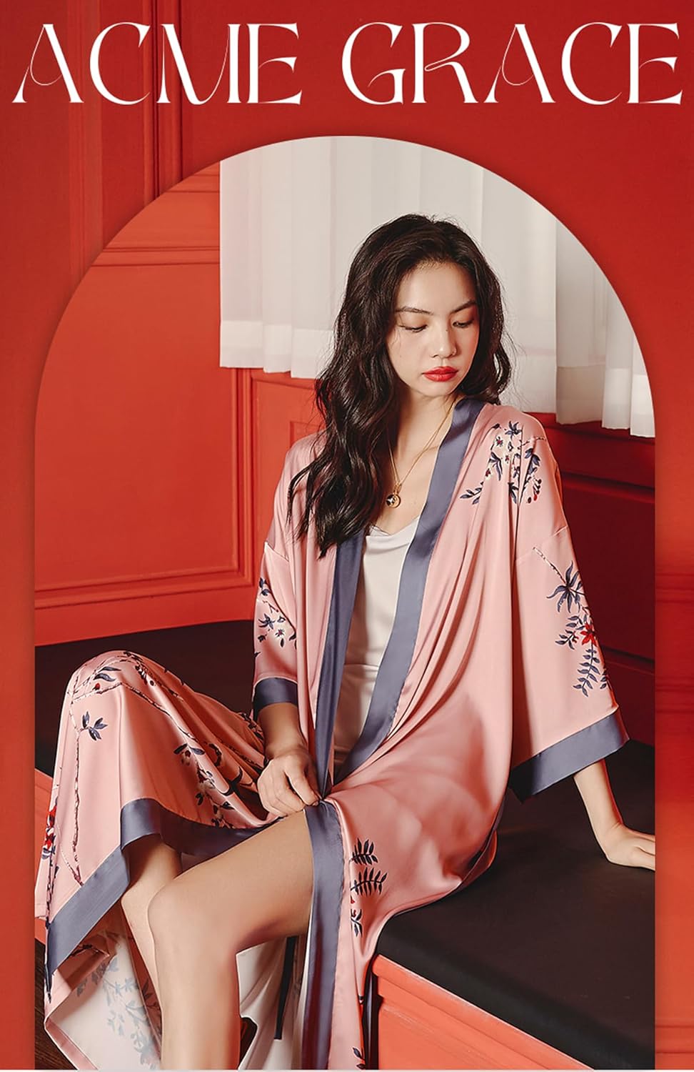 Silk Satin Robe for Women Long Japanese Kimono Robe Lightweight Soft Bathrobe Floral Luxury Dressing Gown