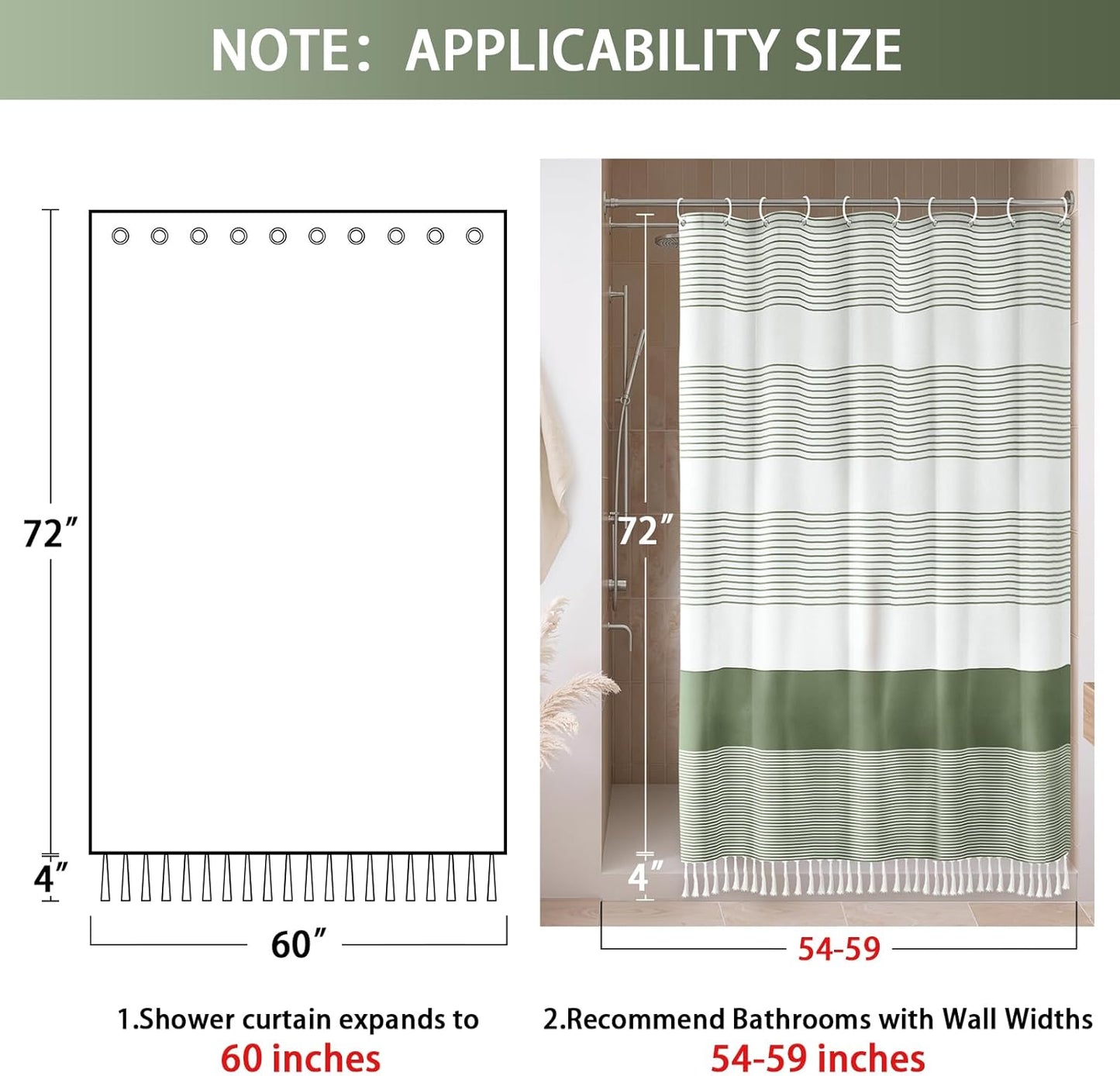 Awellife Sage Green Shower Curtain for Bathroom Stripe Tassel Shower Curtain 60 X 72 Inches Farmhouse Cotton Stall